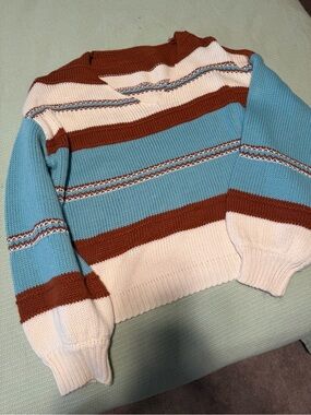 SHEIN Blue Cream and Brown Striped V-Neck Sweater
